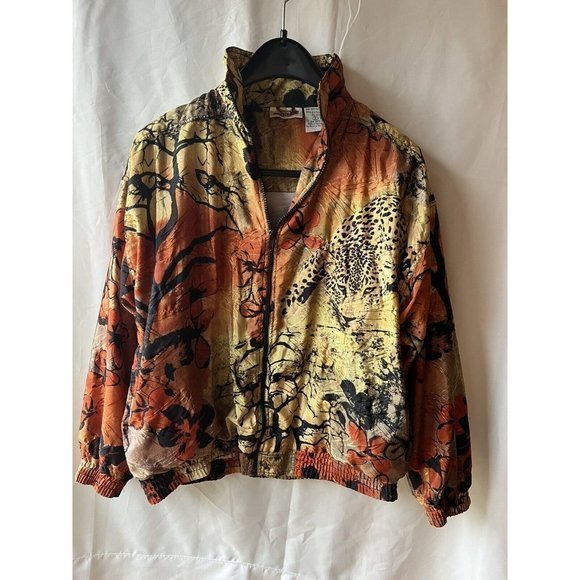 Kaktus Animal Print Orange Gold Black Zip Up Long Sleeve Shirt Jacket Mob Wife - Picture 1 of 6